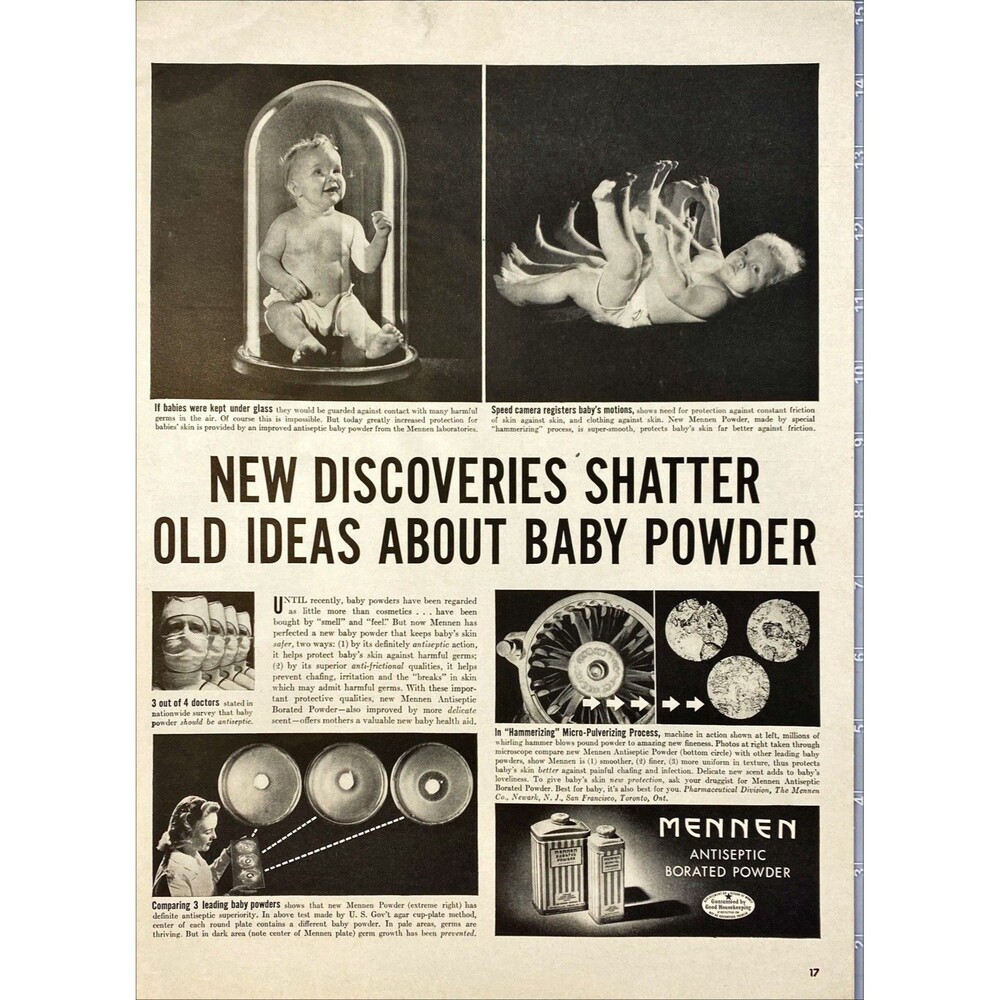 Mennen Antiseptic Borated Powder "Shatter's Old ideas about Baby Powder" Ad 1942